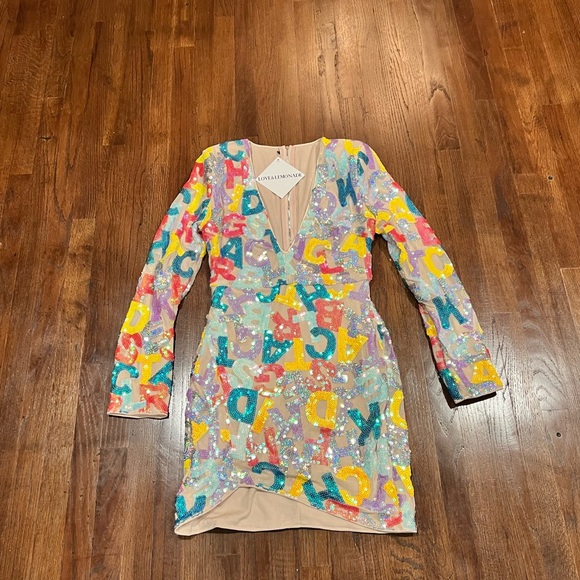 LOVE&LEMONADE Sequin Letter Mesh Overlay Dress - Picture 4 of 10